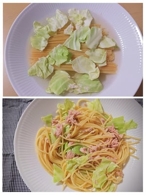 乾麺の上にちぎったキャベツを乗せた加熱前の写真と、茹で上がったパスタにツナ缶を和えた加熱後の写真