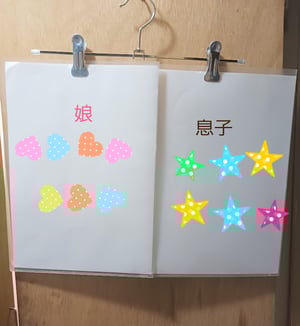 2つのクリップ付きのハンガーに1つは娘用、もう1つは息子用にプリントを挟んで掲示している写真