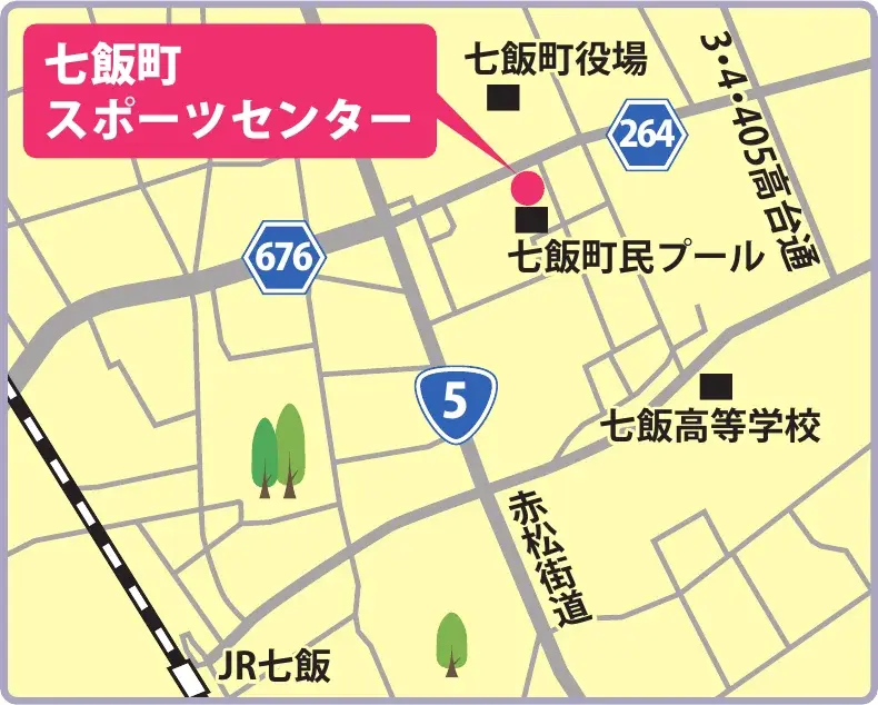 七飯町スポーツセンター周辺地図。国道5号・道道676号沿い、七飯町役場の南、七飯町民プール隣。最寄り駅はJR七飯駅