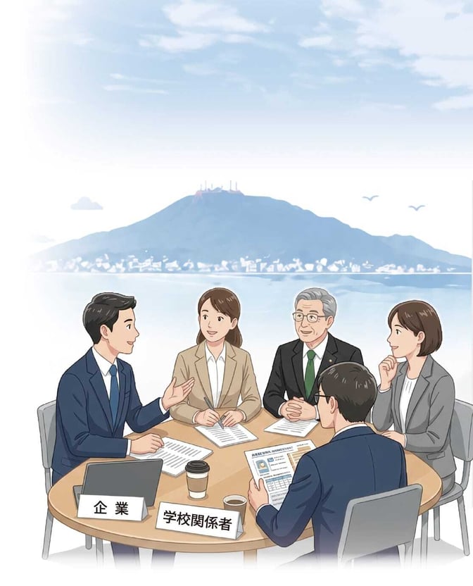 企業の採用担当者と学校関係者がテーブルを囲んで意見交換をしている様子