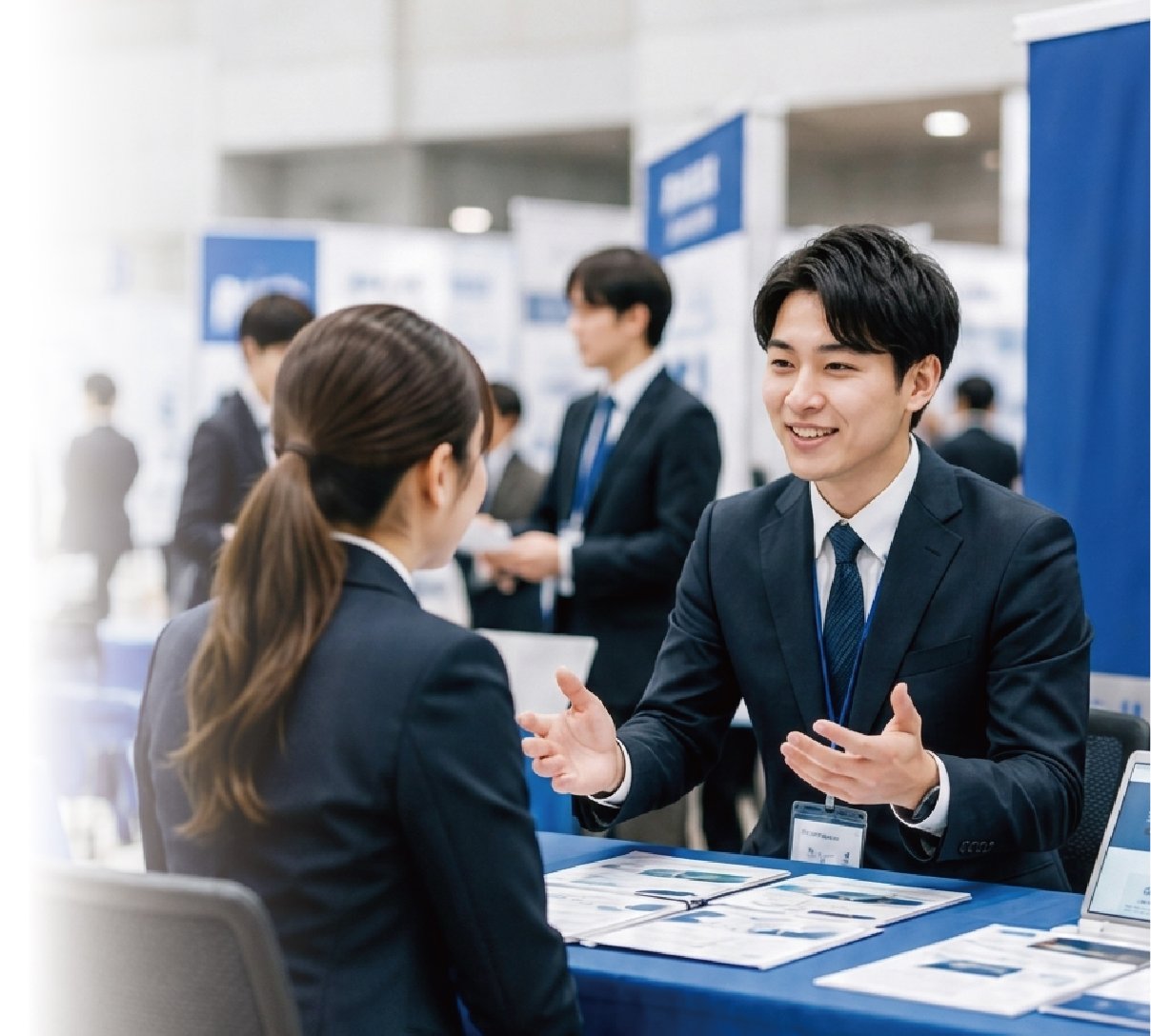 求職者と企業担当者がブースで直接話をしている様子