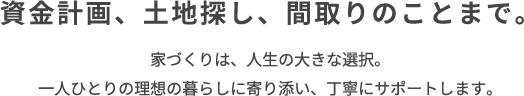 資金計画、土地探し、取り組みのことは。家づくり、一人ひとりの個別の悩みに寄り添いサポートします。
