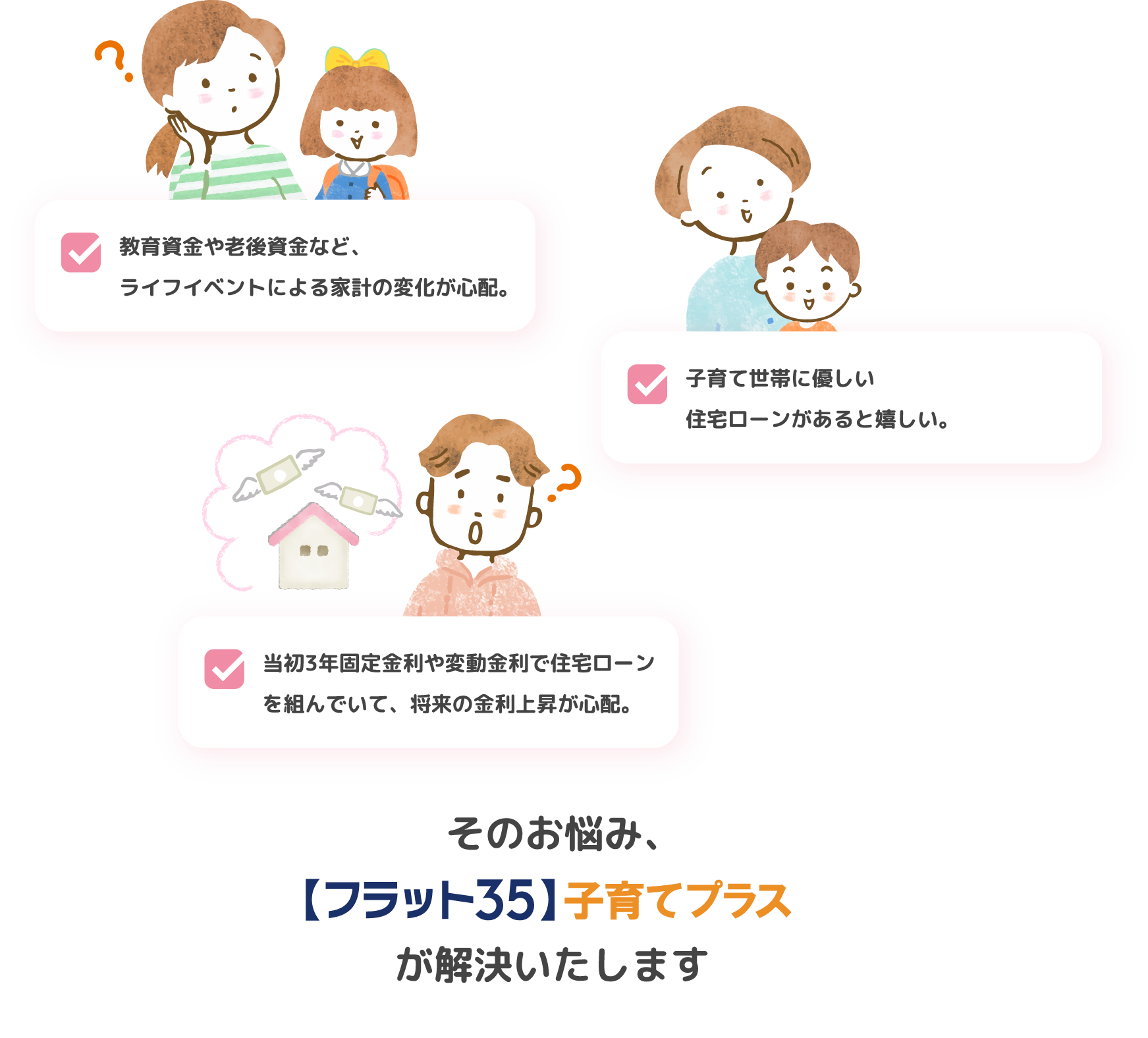 教育資金や老後資金など、ライフイベントによる家計の変化が心配。子育て世帯に優しい住宅ローンがあると嬉しい。当初3年固定金利や変動金利で住宅ローンを組んでいて、将来の金利上昇が心配。そのお悩み、【フラット35】子育てプラスが解決いたします。