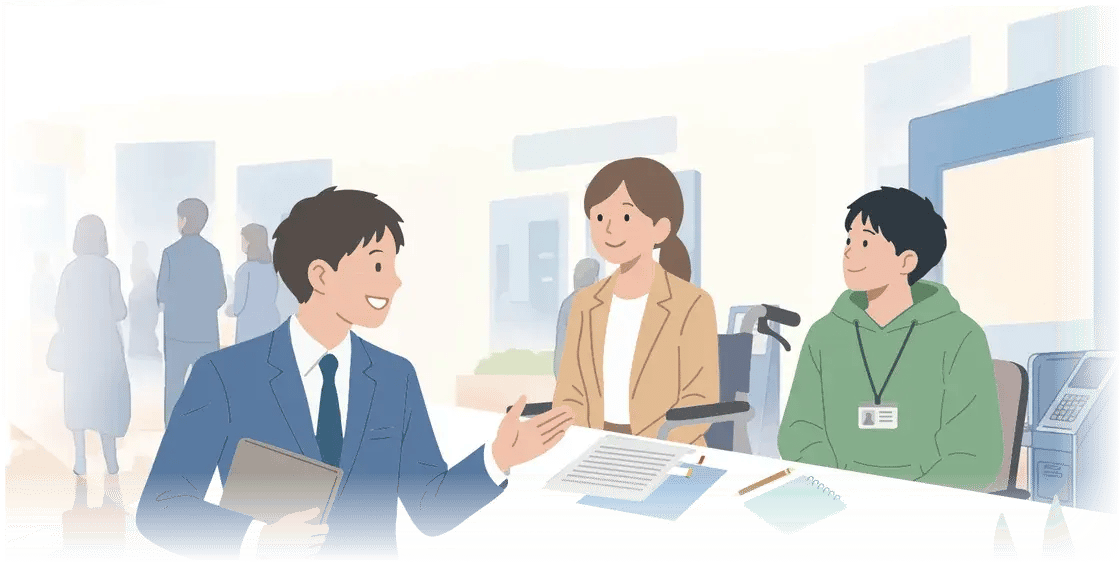 説明会の会場で、スーツ姿の企業担当者が車いすの女性とパーカー姿の男性に話しかけているイラスト